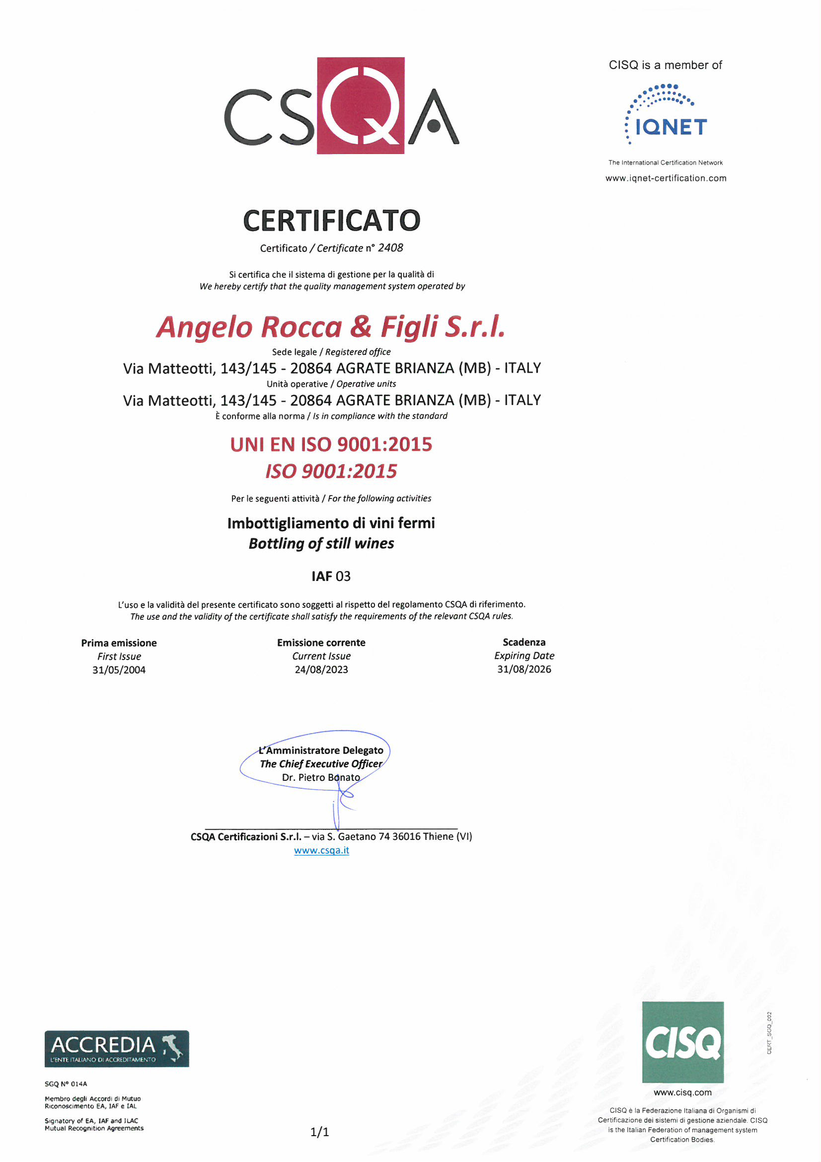 UNI EN ISO 9001:2015 Angelo Rocca 2023