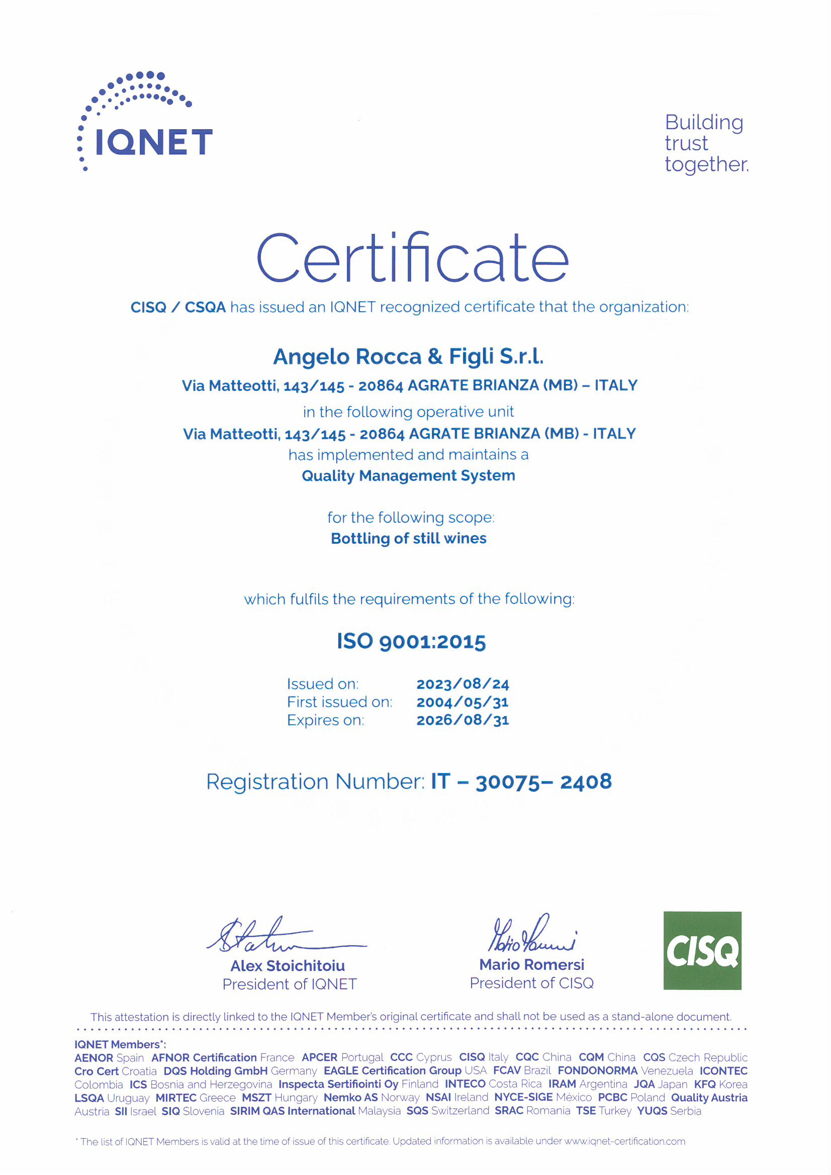 ISO 9001:2015 Angelo Rocca 2023
